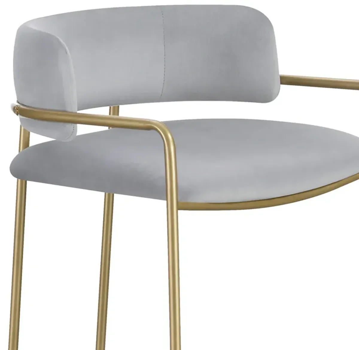 Lox 30 Inch Modern Barstool, Gray Padded Back and Seat, Gold Finish Metal-Benzara