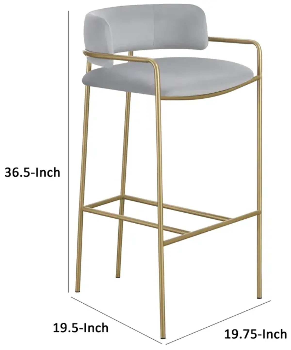 Lox 30 Inch Modern Barstool, Gray Padded Back and Seat, Gold Finish Metal-Benzara