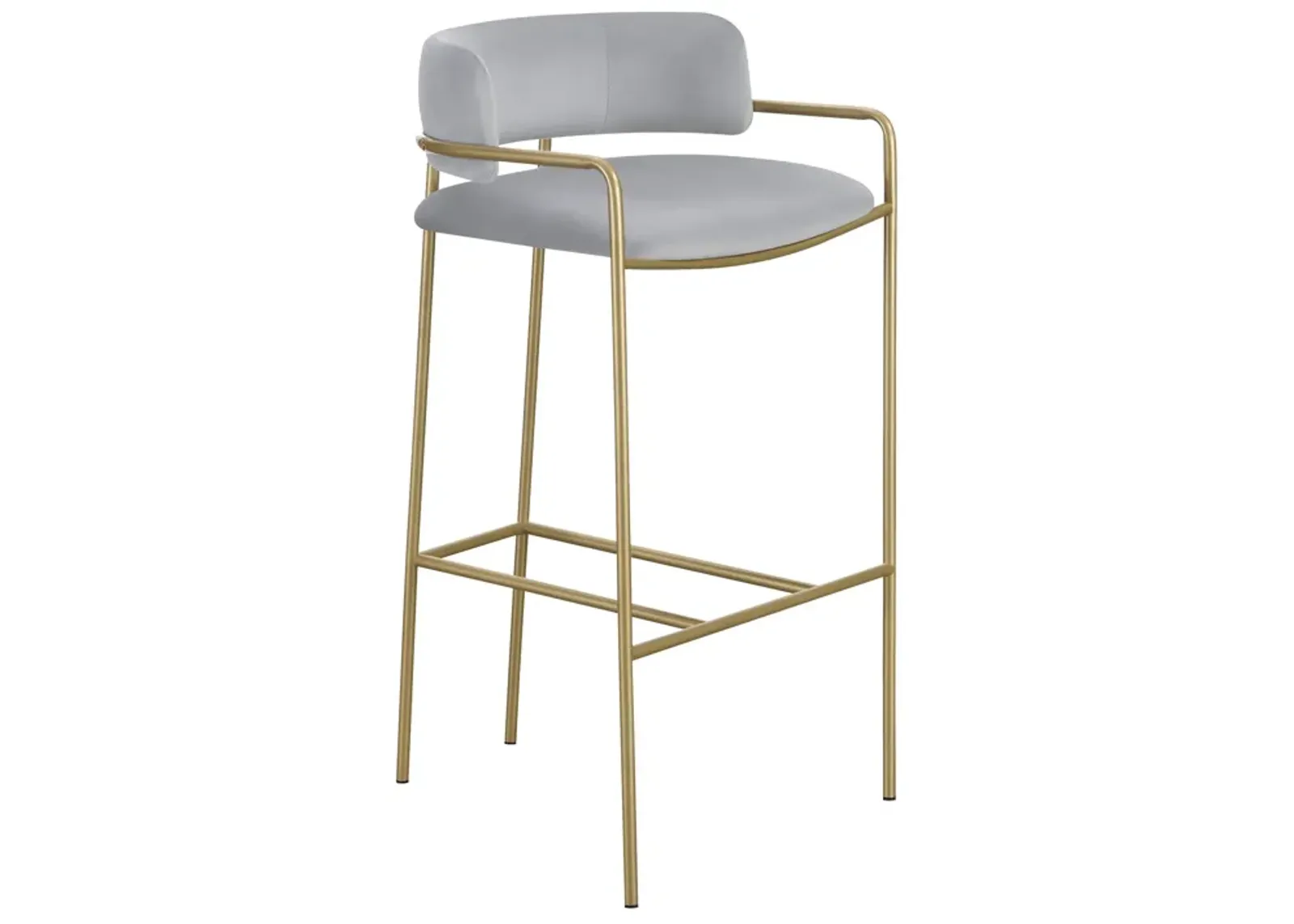 Lox 30 Inch Modern Barstool, Gray Padded Back and Seat, Gold Finish Metal-Benzara