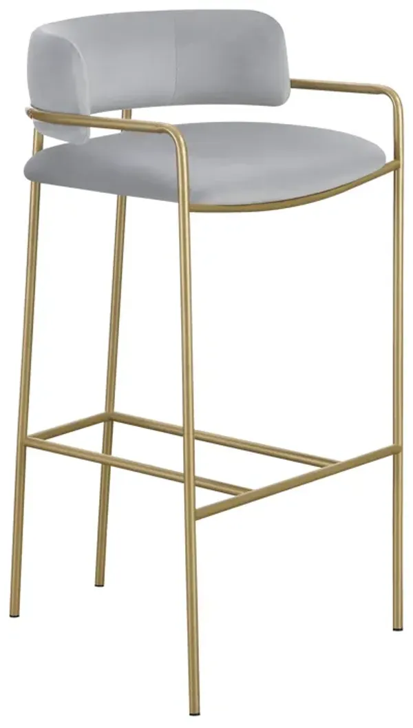Lox 30 Inch Modern Barstool, Gray Padded Back and Seat, Gold Finish Metal - Benzara