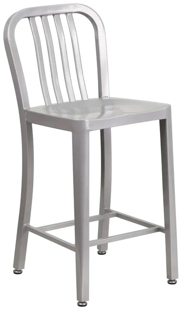 Flash Furniture Commercial Grade 24" High Silver Metal Indoor-Outdoor Counter Height Stool with Vertical Slat Back
