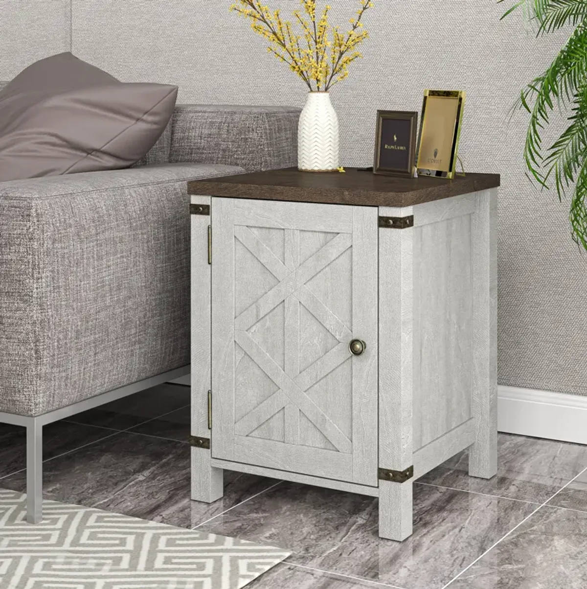 FESTIVO Farmhouse End Table with Charging Station and Storage