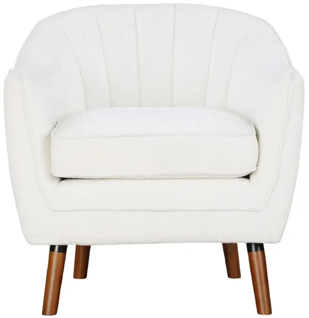 Tia 31 Inch Plush Accent Chair Armchair, White Polyester, Brown Solid Wood - Benzara