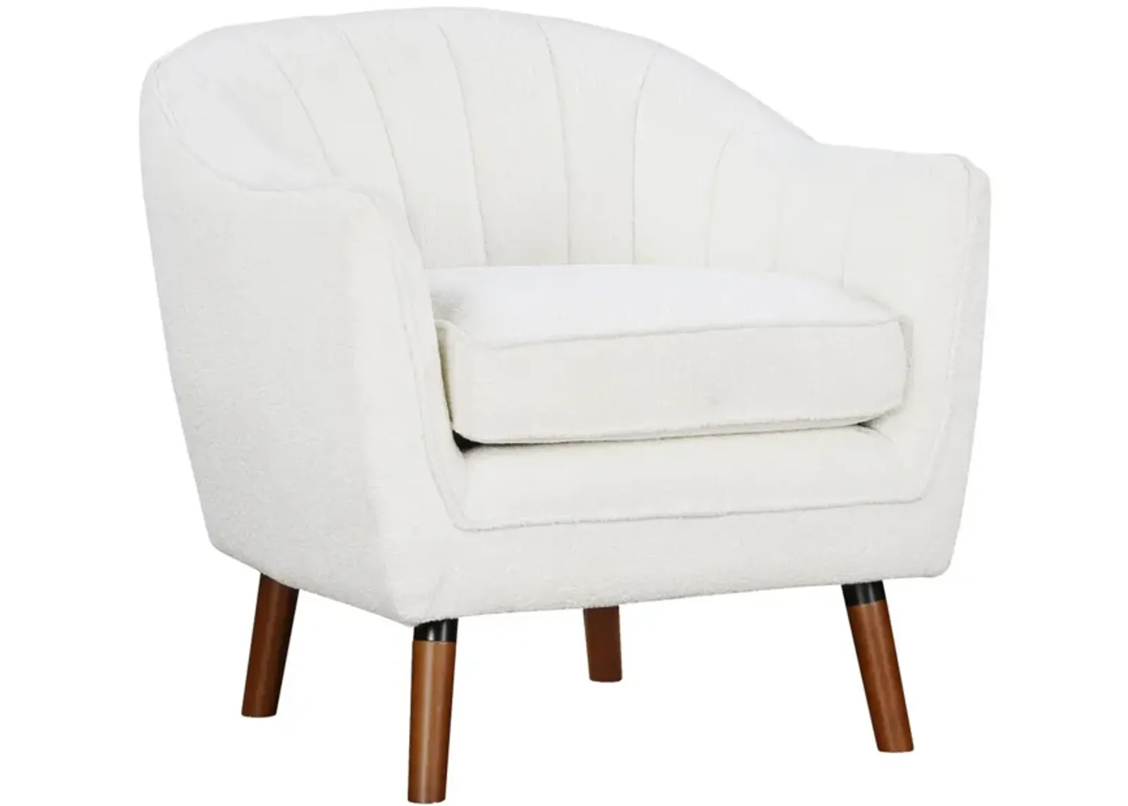 Tia 31 Inch Plush Accent Chair Armchair, White Polyester, Brown Solid Wood - Benzara