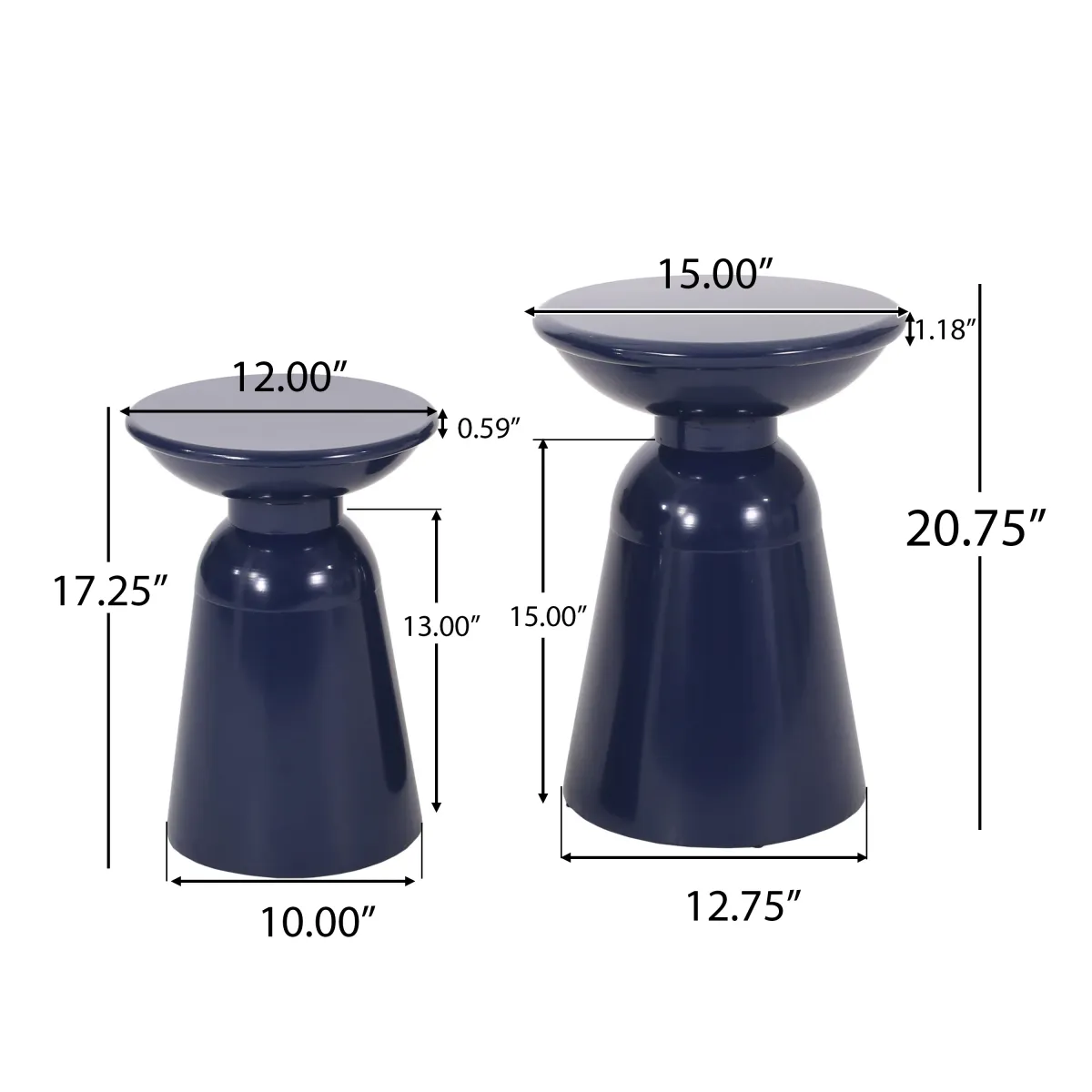 Suma Outdoor End Table Set of 2, Round, Pedestal Base, Navy Blue Iron - Benzara