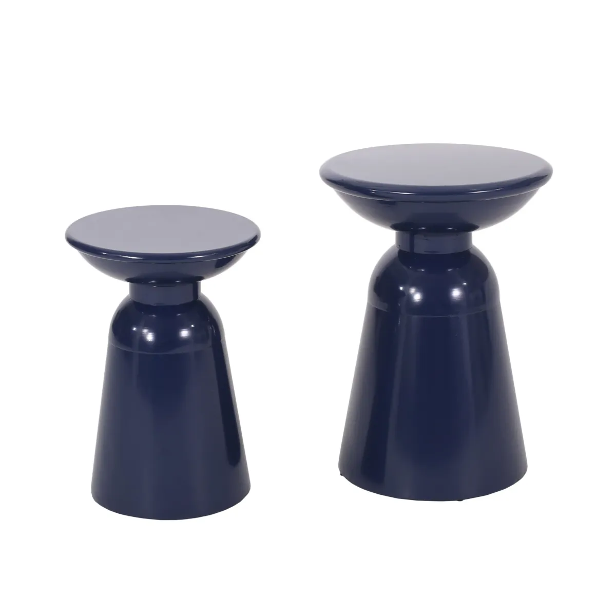 Suma Outdoor End Table Set of 2, Round, Pedestal Base, Navy Blue Iron - Benzara