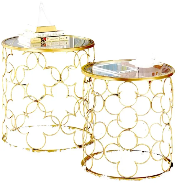 2 Piece Round Nesting Table with Lattice Metal Base, Gold-Benzara