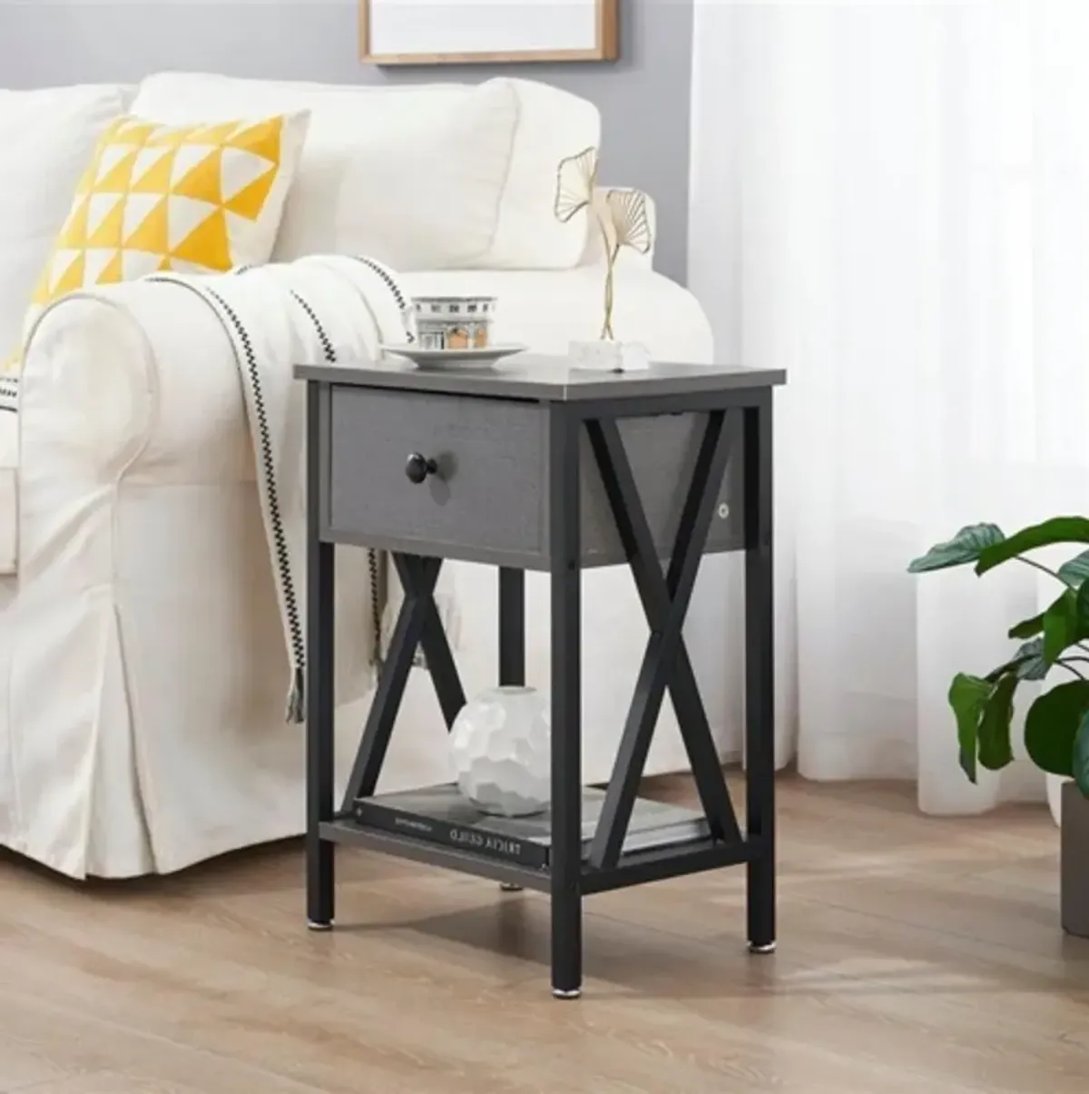 Hivvago Set of 2   1 Drawer Nightstand in Grey and Black Wood Finish