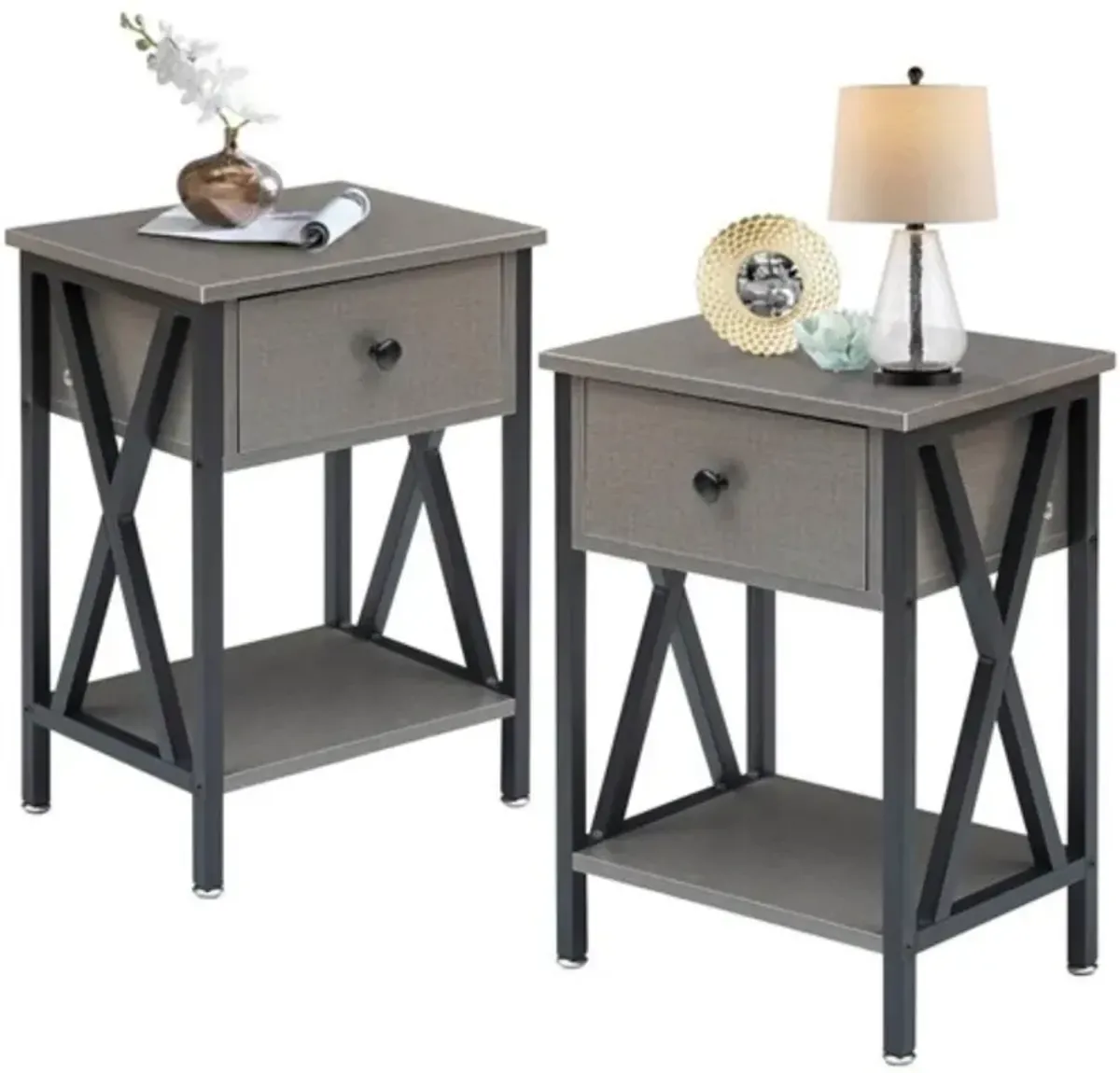 Hivvago Set of 2   1 Drawer Nightstand in Grey and Black Wood Finish