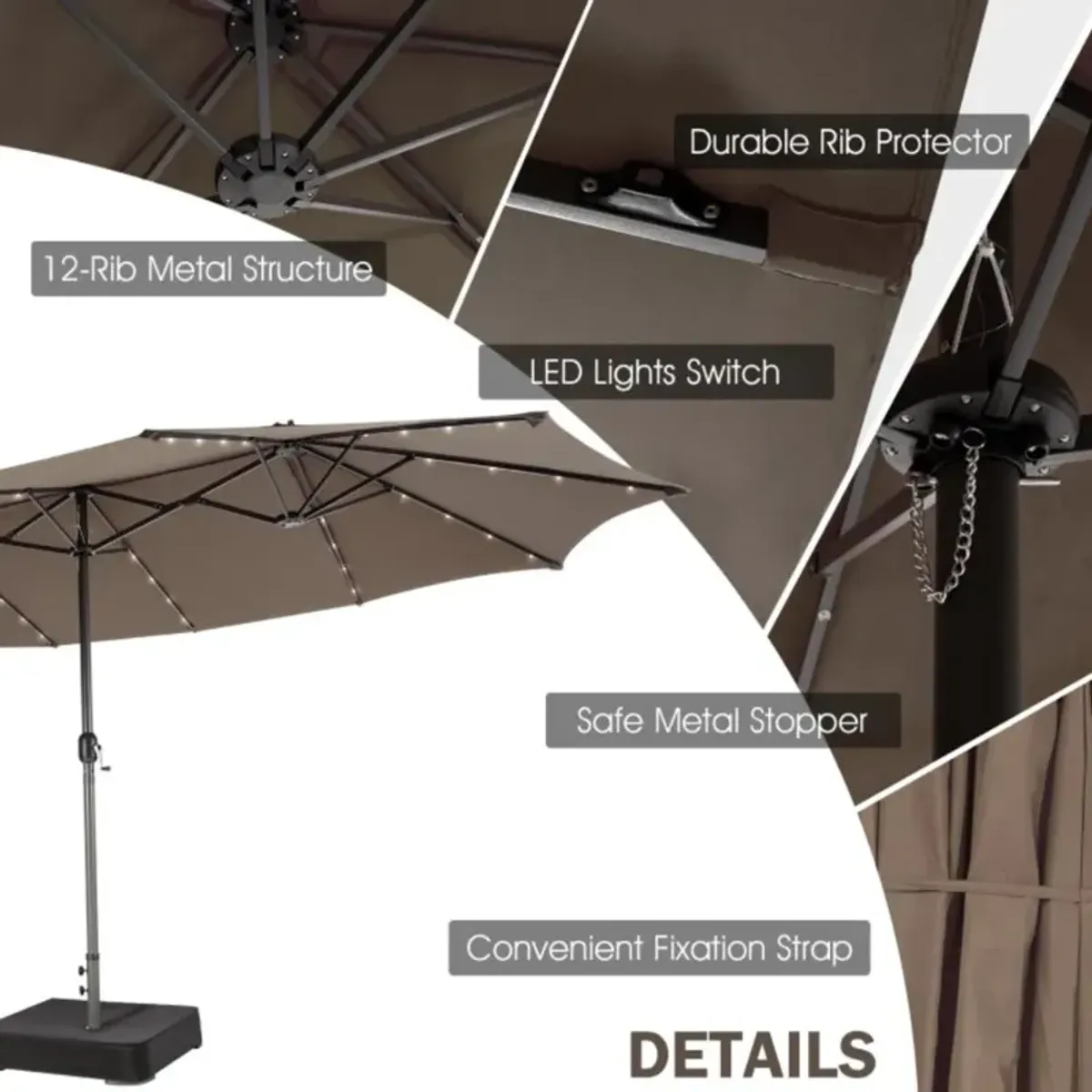 Hivvago 15 Feet Twin Patio Umbrella with 48 Solar LED Lights