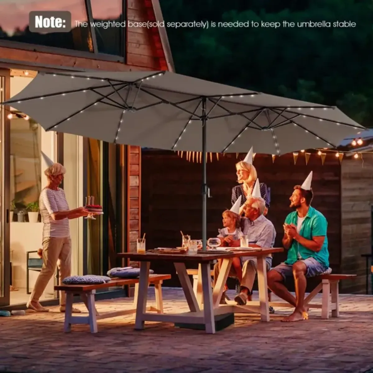 Hivvago 15 Feet Twin Patio Umbrella with 48 Solar LED Lights