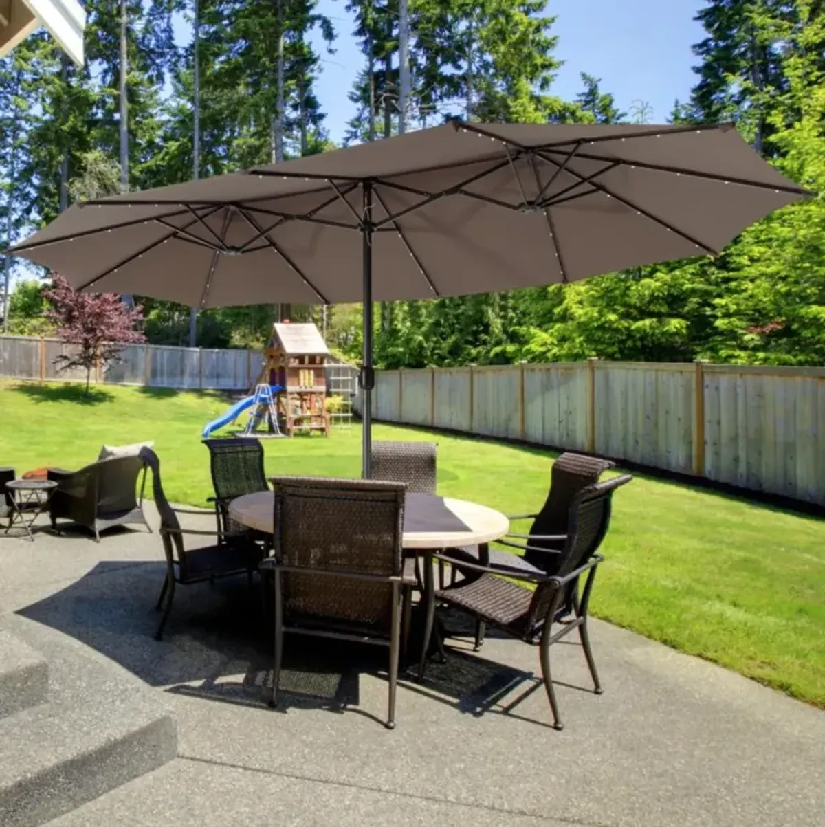 Hivvago 15 Feet Twin Patio Umbrella with 48 Solar LED Lights