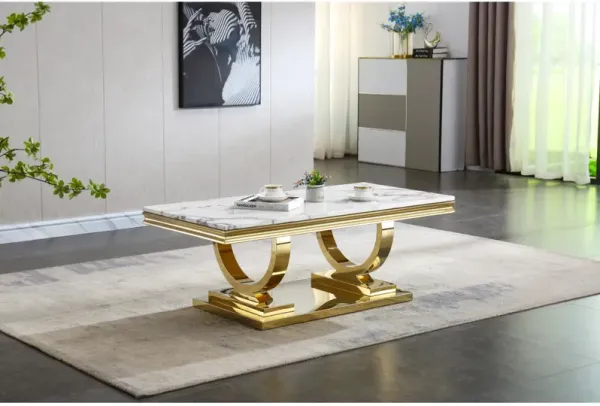 Modern Rectangular Marble Coffee Table, 0.71 Thick Marble Top, U-Shaped Stainless Steel