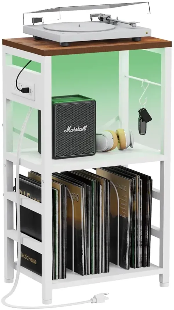 YAKANJ End Table with LED Light,Record Player Stand with Charging Station,Vinyl Records Storage,Turntable Stand Albums Storage f