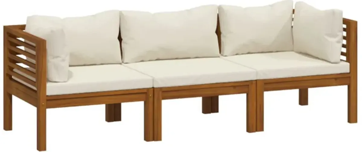 Lina 3pc Outdoor Modular Sofa Set, Brown Acacia Wood, Cream Polyester - Benzara