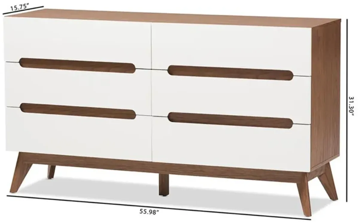 Calypso Mid-Century Modern White and Walnut Wood 6-Drawer Storage Dresser