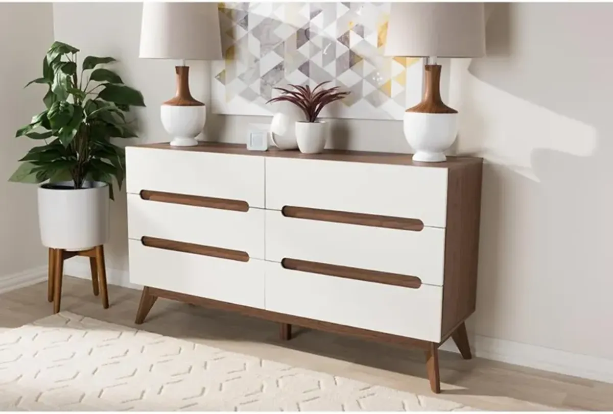 Calypso Mid-Century Modern White and Walnut Wood 6-Drawer Storage Dresser