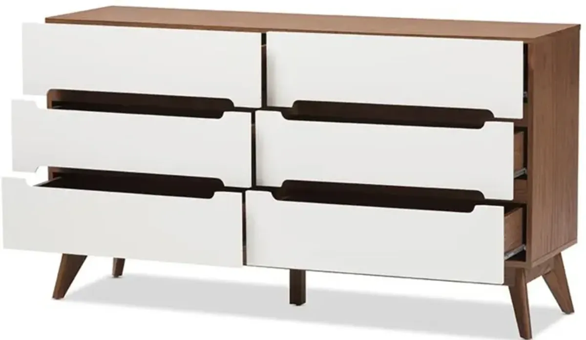 Calypso Mid-Century Modern White and Walnut Wood 6-Drawer Storage Dresser