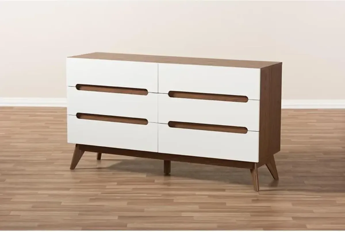 Calypso Mid-Century Modern White and Walnut Wood 6-Drawer Storage Dresser