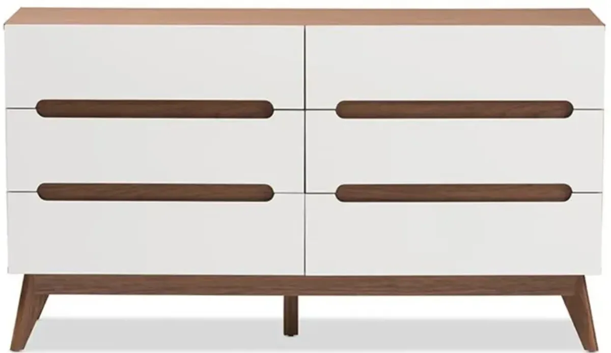 Calypso Mid-Century Modern White and Walnut Wood 6-Drawer Storage Dresser