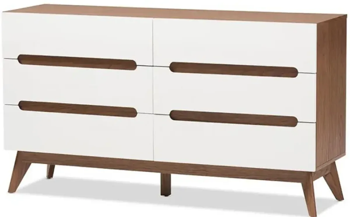 Calypso Mid-Century Modern White and Walnut Wood 6-Drawer Storage Dresser