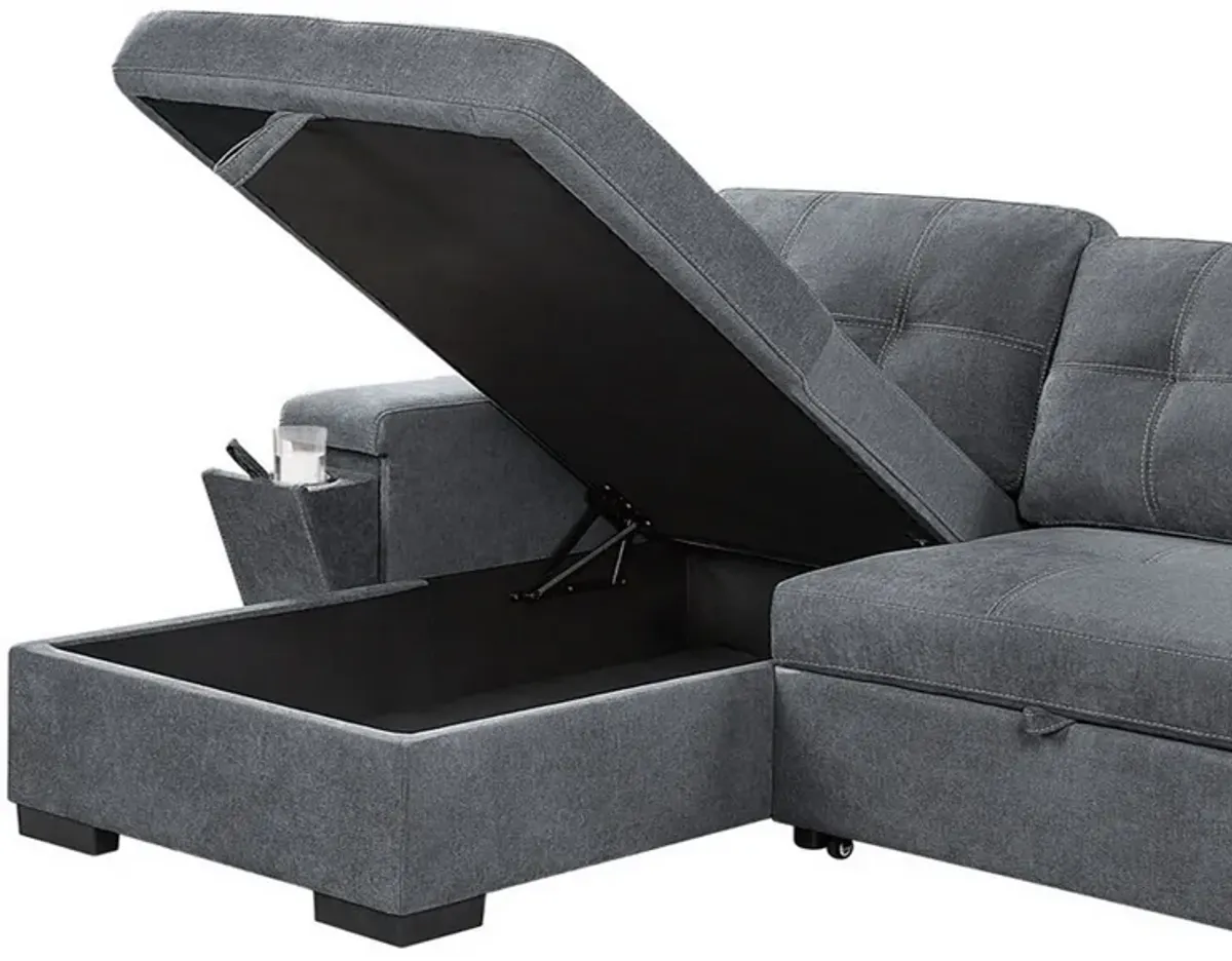 95 Inch Sleeper Sectional Sofa with Storage Chaise, USB Ports, Woven Gray-Benzara