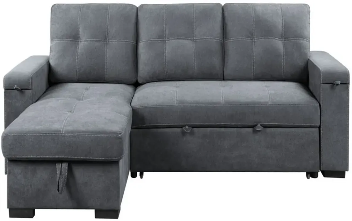 95 Inch Sleeper Sectional Sofa with Storage Chaise, USB Ports, Woven Gray-Benzara