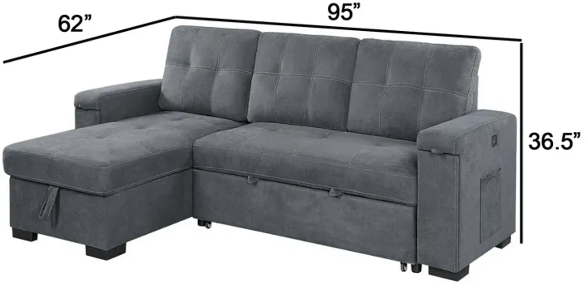 95 Inch Sleeper Sectional Sofa with Storage Chaise, USB Ports, Woven Gray-Benzara