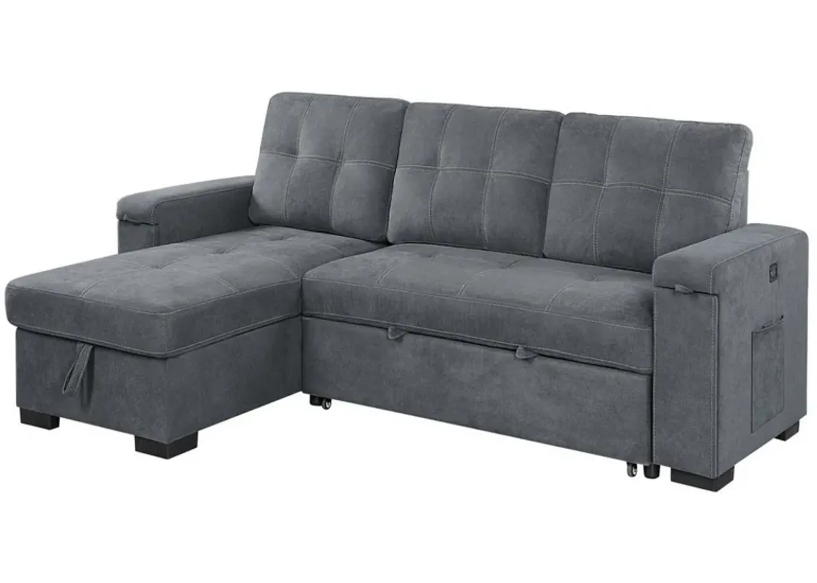 95 Inch Sleeper Sectional Sofa with Storage Chaise, USB Ports, Woven Gray-Benzara