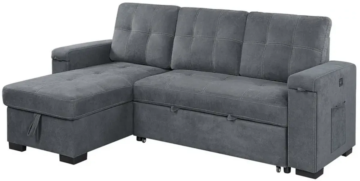 95 Inch Sleeper Sectional Sofa with Storage Chaise, USB Ports, Woven Gray-Benzara