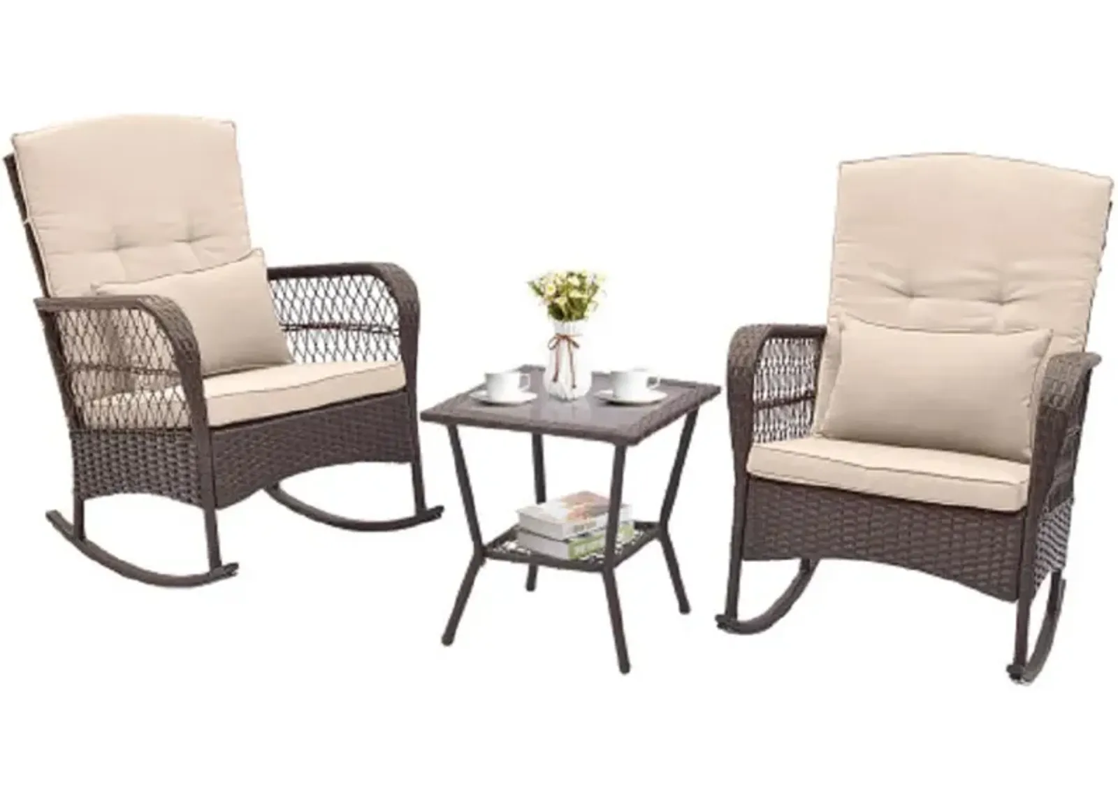 3 Pieces Rocking Bistro Set with 2-Tier Coffee Table