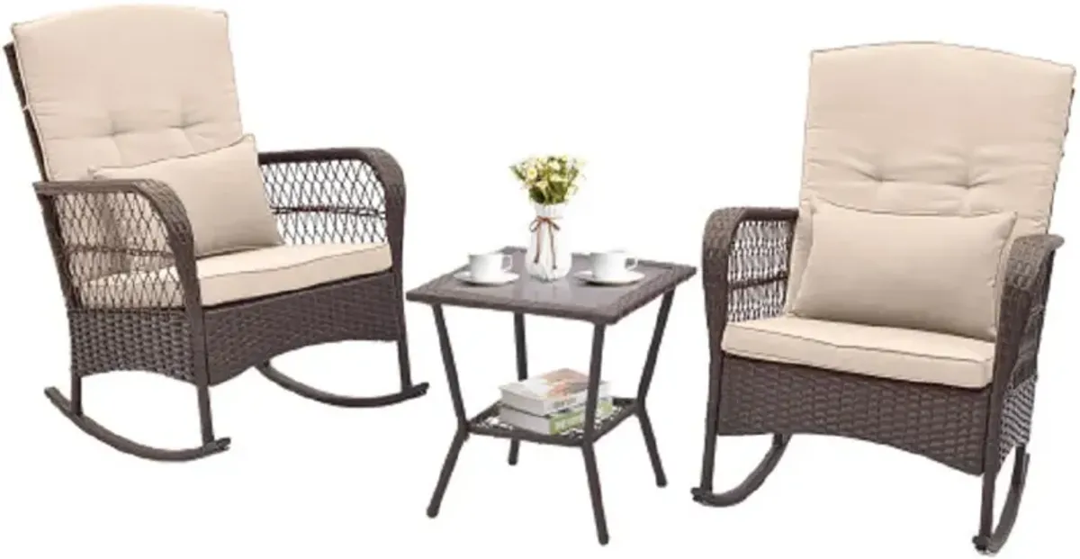 3 Pieces Rocking Bistro Set with 2-Tier Coffee Table