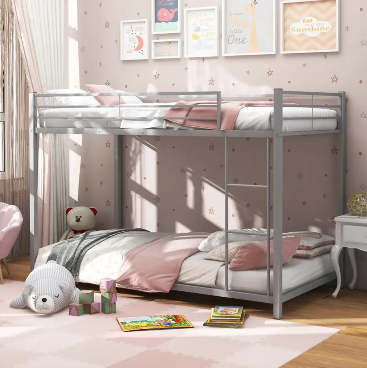 Low Profile Twin Over Twin Metal Bunk Bed with Full-length Guardrails