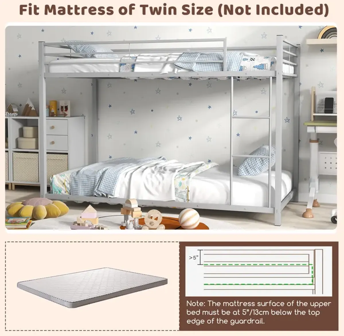 Low Profile Twin Over Twin Metal Bunk Bed with Full-length Guardrails