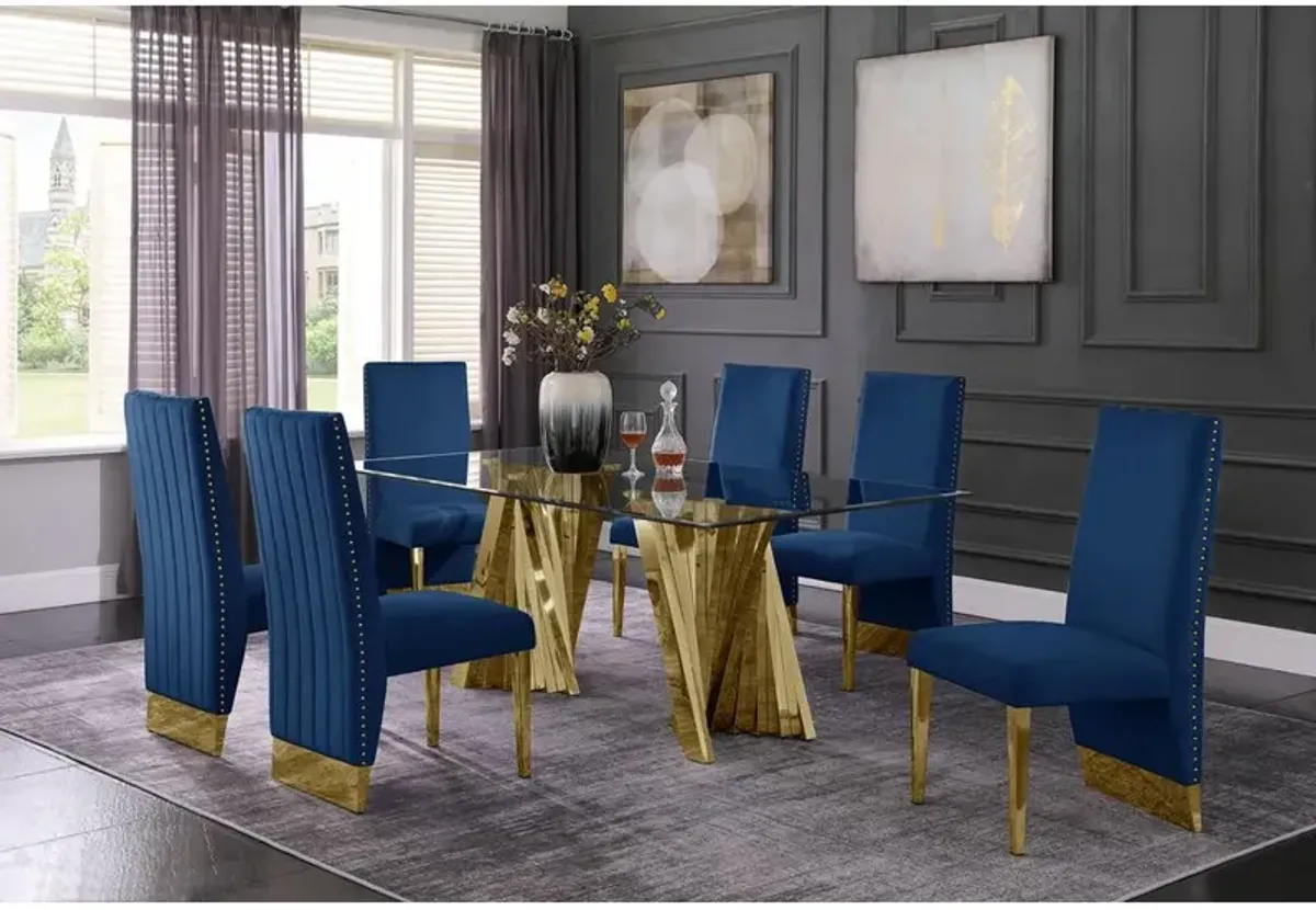 Classic 7pc Dining Set w/Pleated Side Chair, Glass Table w/ Gold Spiral Base, Navy Blue