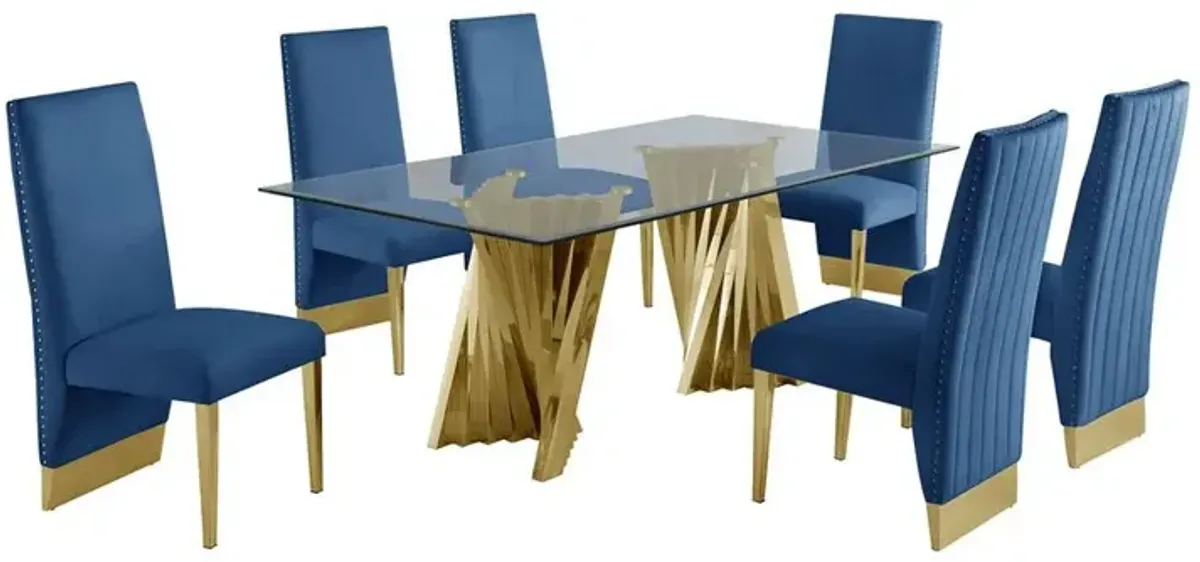 Classic 7pc Dining Set w/Pleated Side Chair, Glass Table w/ Gold Spiral Base, Navy Blue