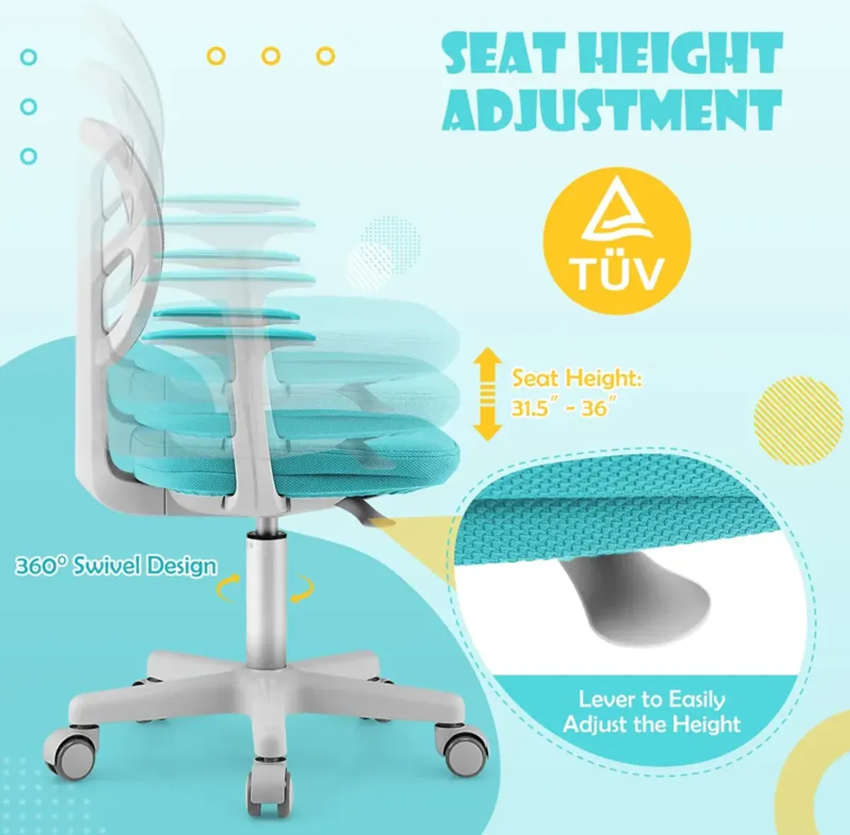 Adjustable Desk Chair with Auto Brake Casters for Kids