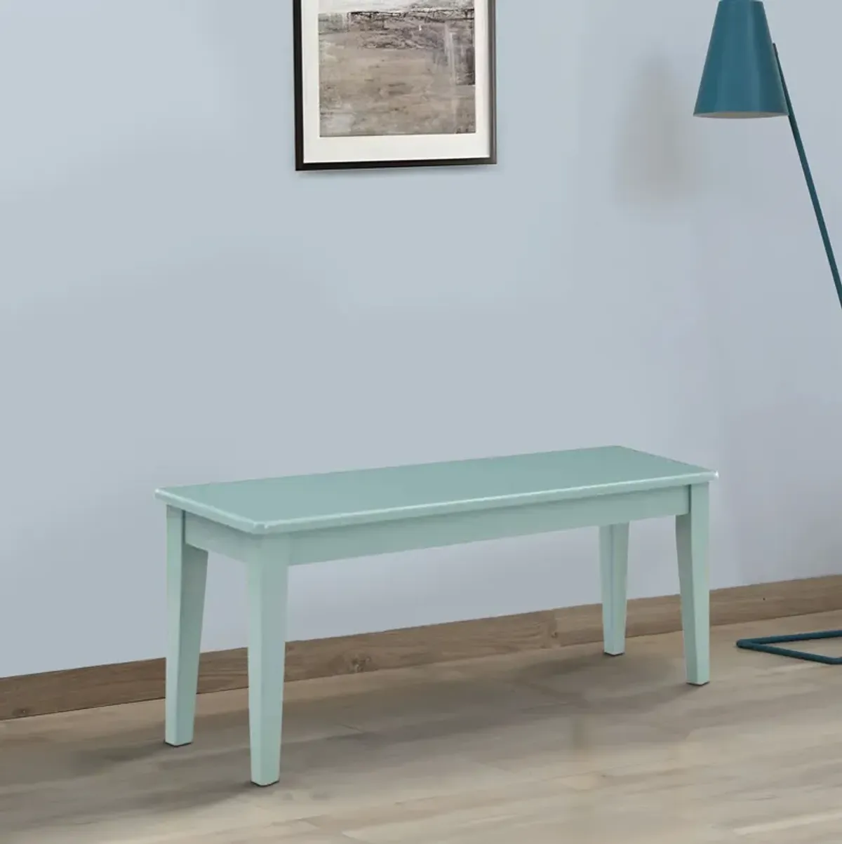 Bray 44 Inch Modern Rectangular Dining Bench, Tapered Legs, Teal Blue-Benzara