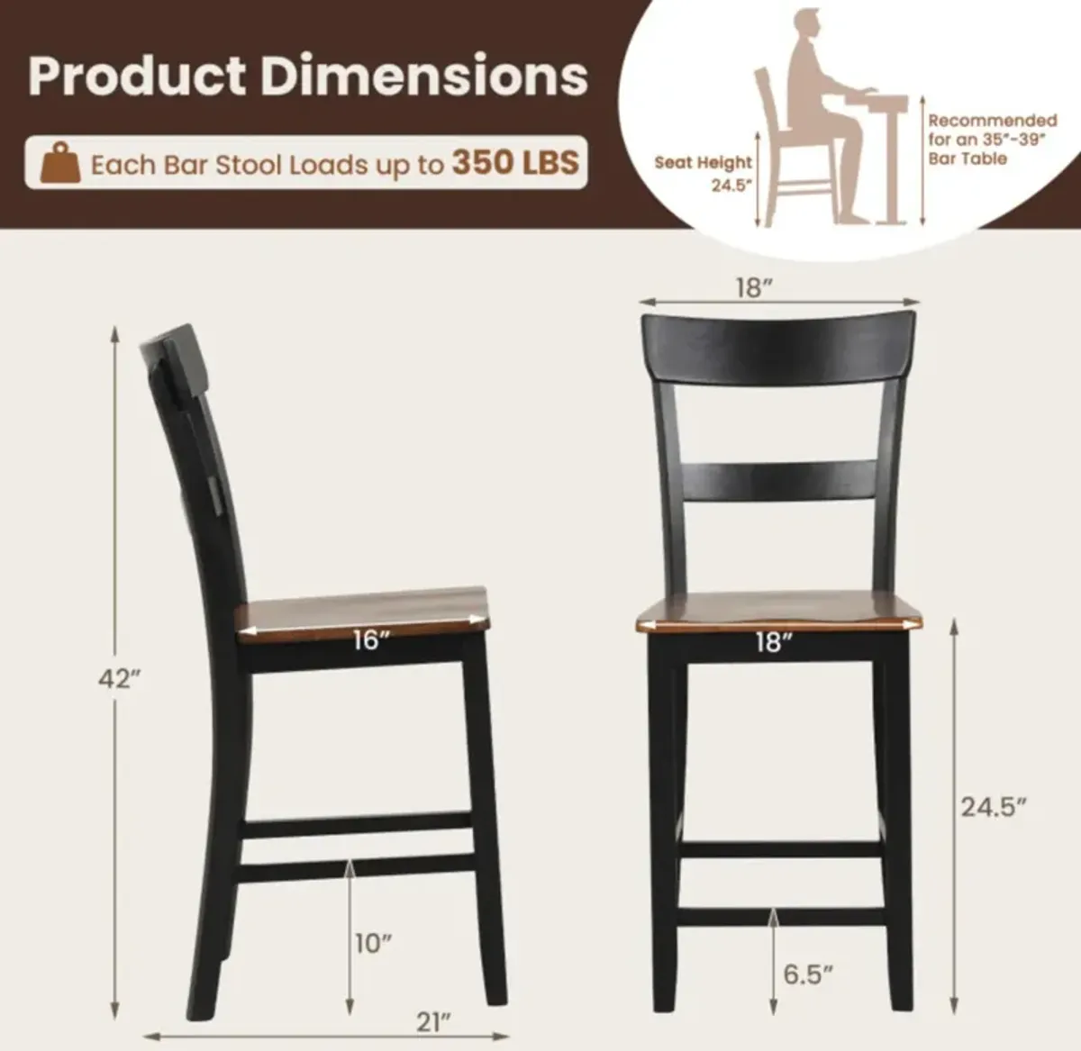 Hivvago Farmhouse Dining Bar Stool Set of 2 with Solid Rubber Wood Frame