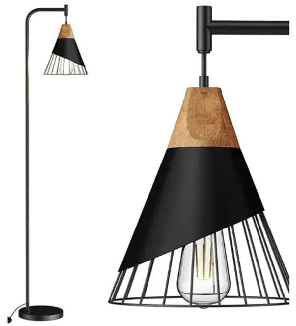 Industrial Floor Lamp – 67" Tall, Wood & Black Metal Shade, 2700K LED
