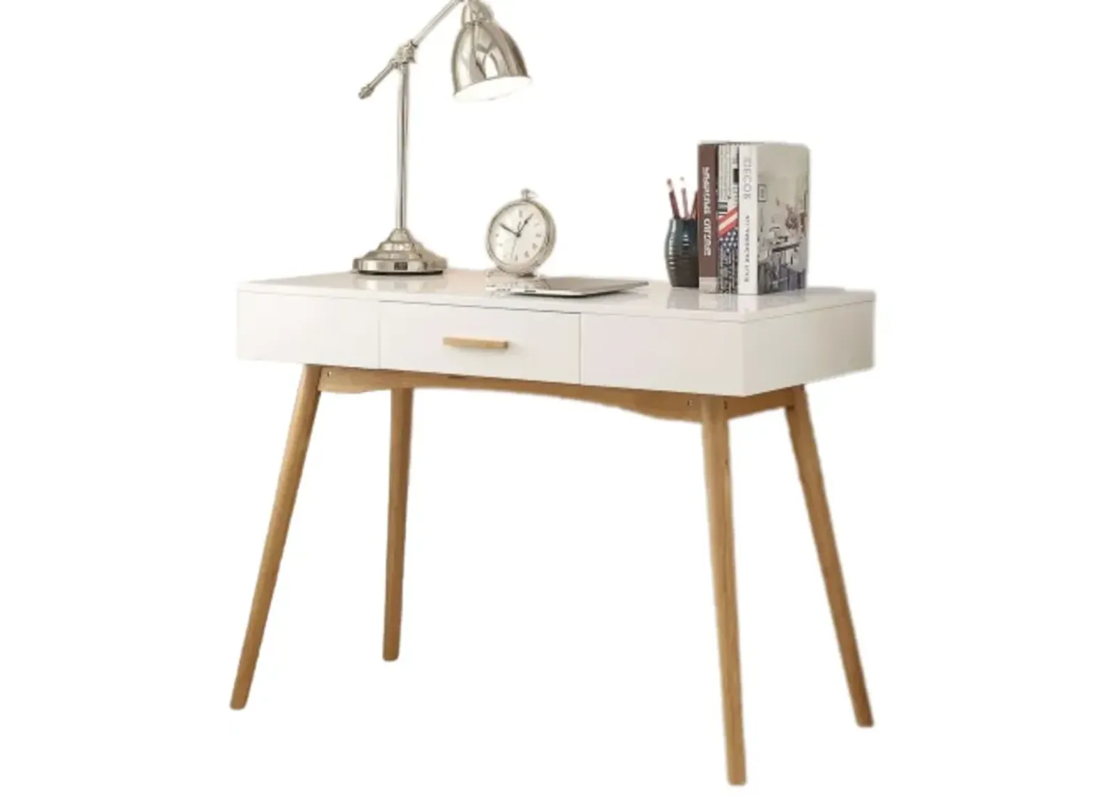 Hivvago Modern Laptop Writing Desk in White with Natural Mid-Century Style Legs