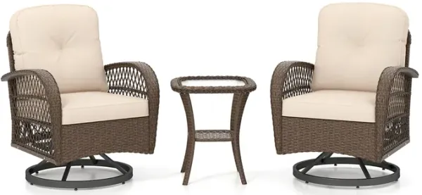 3 Piece Patio Swivel Rocker Set with Tempered Glass Side Table and Thick Cushions