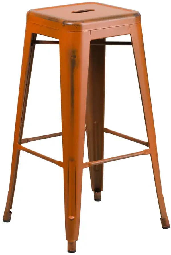 Flash Furniture Kai Commercial Grade 30" High Backless Distressed Orange Metal Indoor-Outdoor Barstool