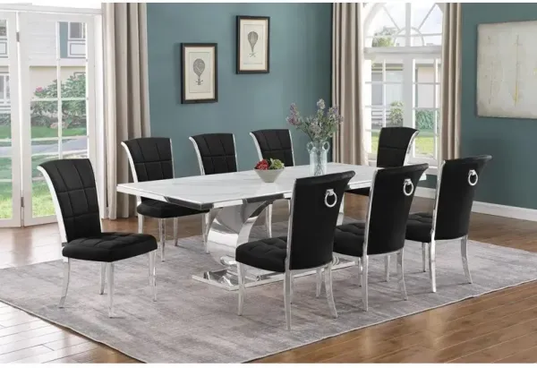 Best Quality Furniture 9pc Large (87) marble top dining set with silver base and 8 Black side chairs