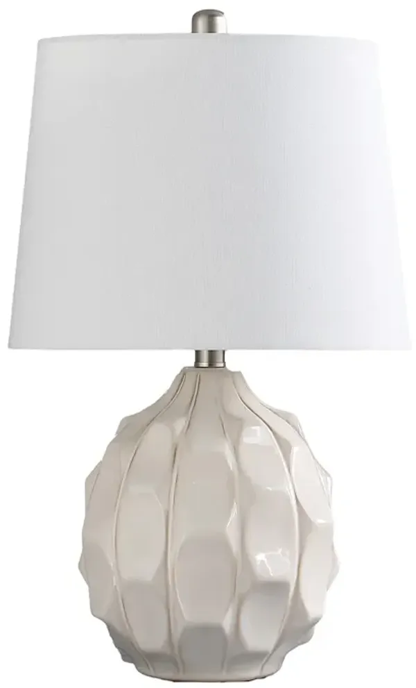 22 Inch Table Lamp, Cream Round Cascading Ceramic Design Urn, Brushed Metal - Benzara
