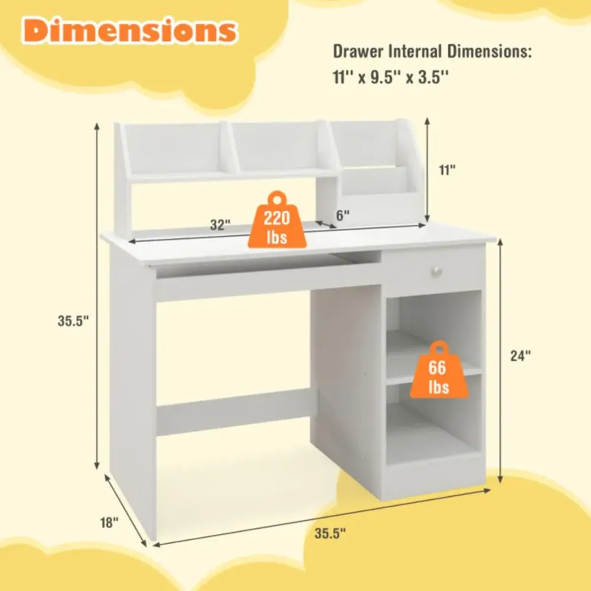 Hivvago Kids Study Desk Children Writing Table with Hutch Drawer Shelves and Keyboard Tray-White