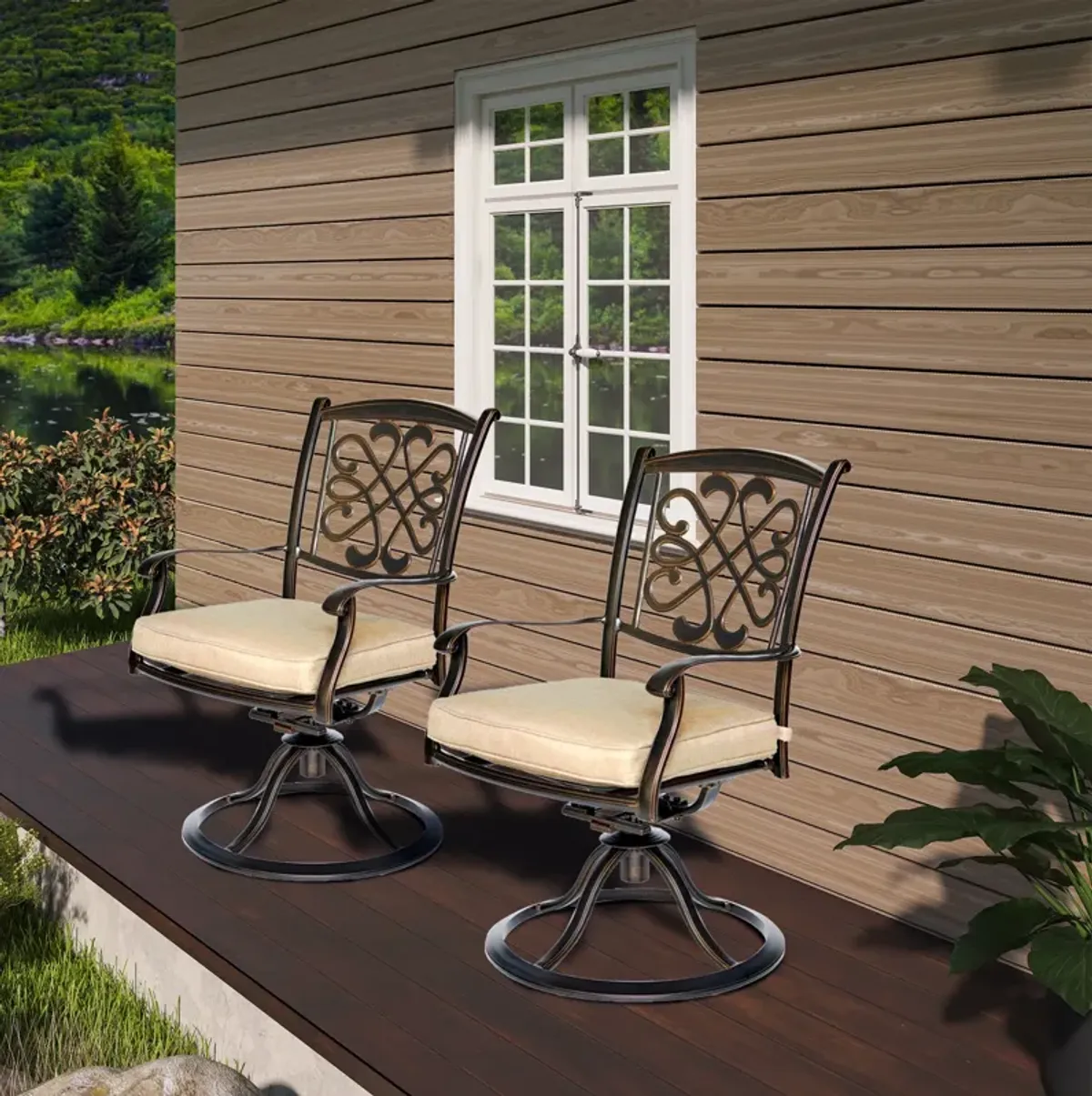 MONDAWE 2 Pieces Cast Aluminum Frame Swivel Patio Dining Chair with Cushion Seat