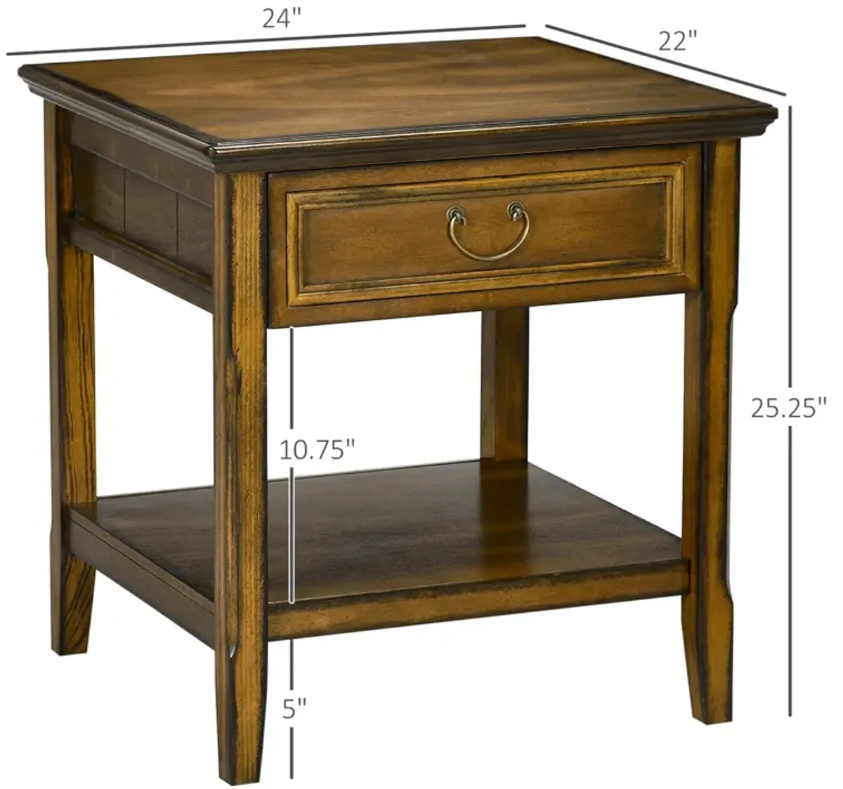Dark Coffee Side Table: Retro End Table with Drawer & Open Shelf