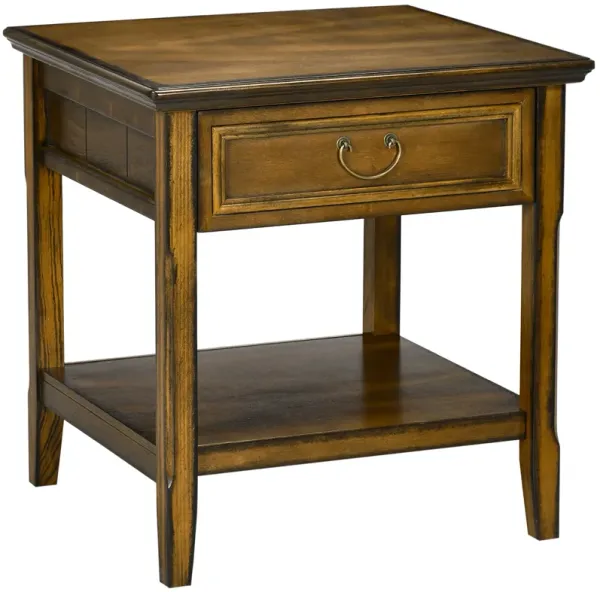 Dark Coffee Side Table: Retro End Table with Drawer & Open Shelf