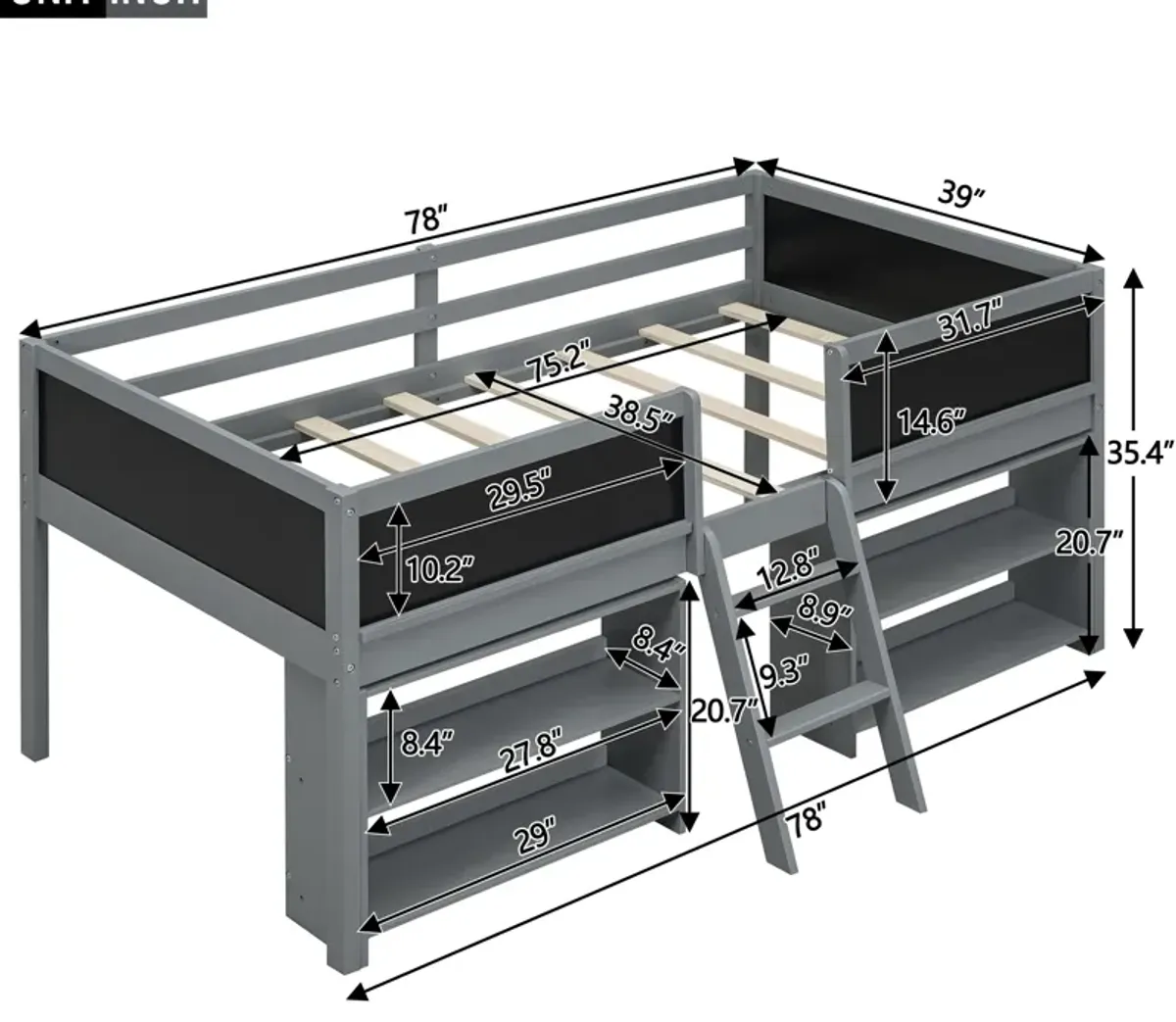 Merax Low Loft Bed with 2 Movable Shelves